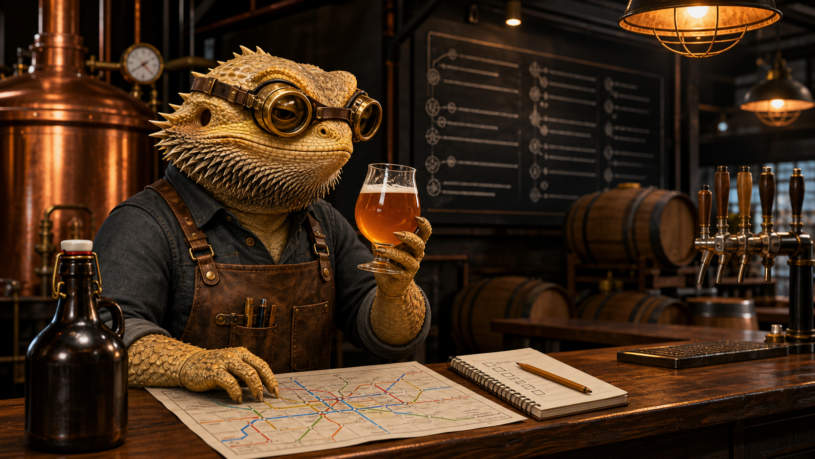 A goggle-wearing bearded-dragon Workshop Engineer evaluates a tulip glass beside a transit map and brewery-visit checklist in a copper-lit tasting room.