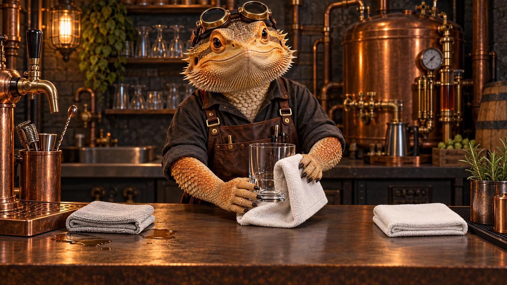 A brass-goggled bearded-dragon Workshop Engineer steadies a glass with a white towel beside two folded bar towels and a small spill on a copper-toned counter.
