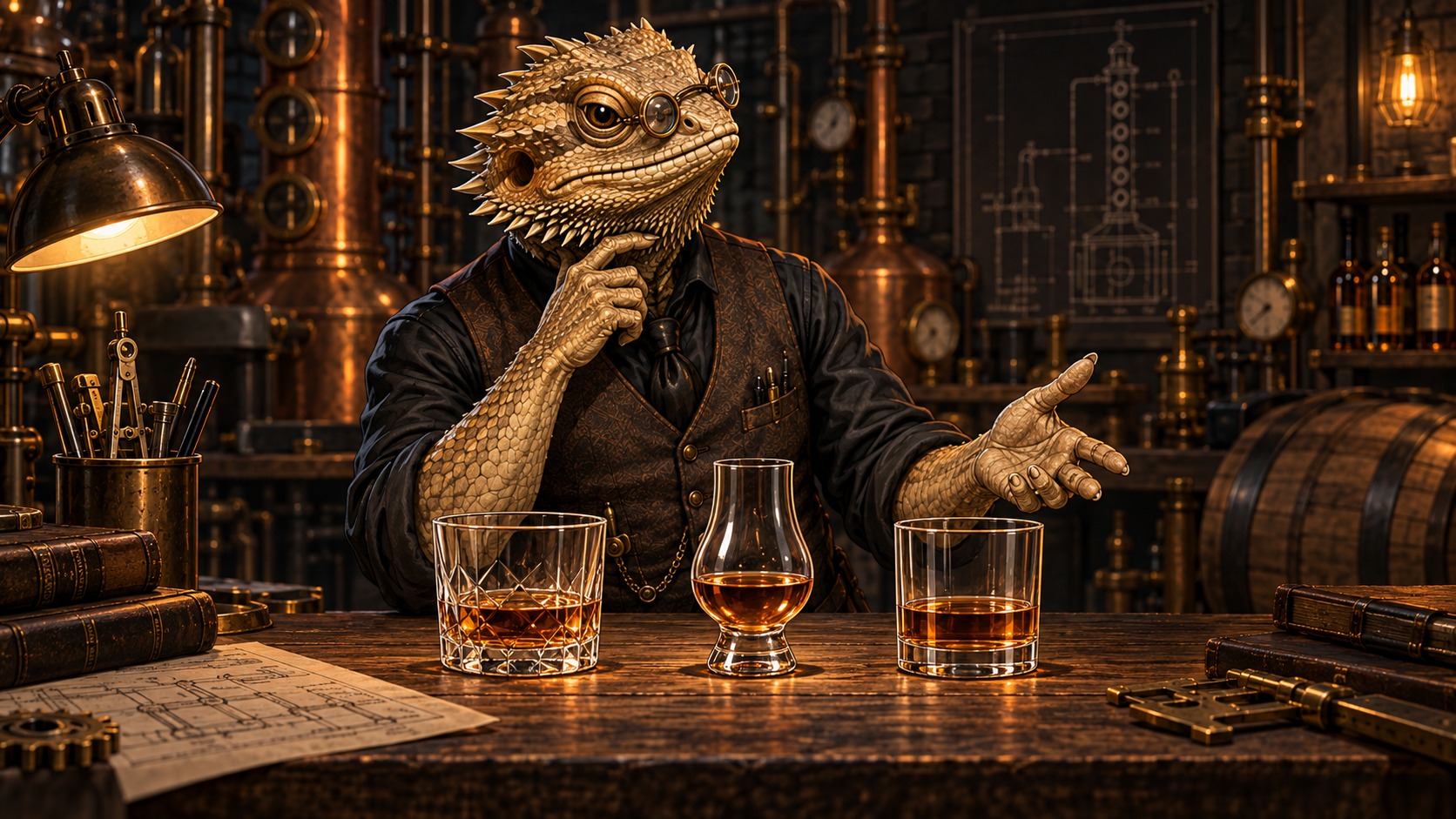 A brass-goggled bearded-dragon Gentleman Mechanist considers a faceted rocks glass, tulip-shaped tasting glass, and straight-sided tumbler on a workshop counter.