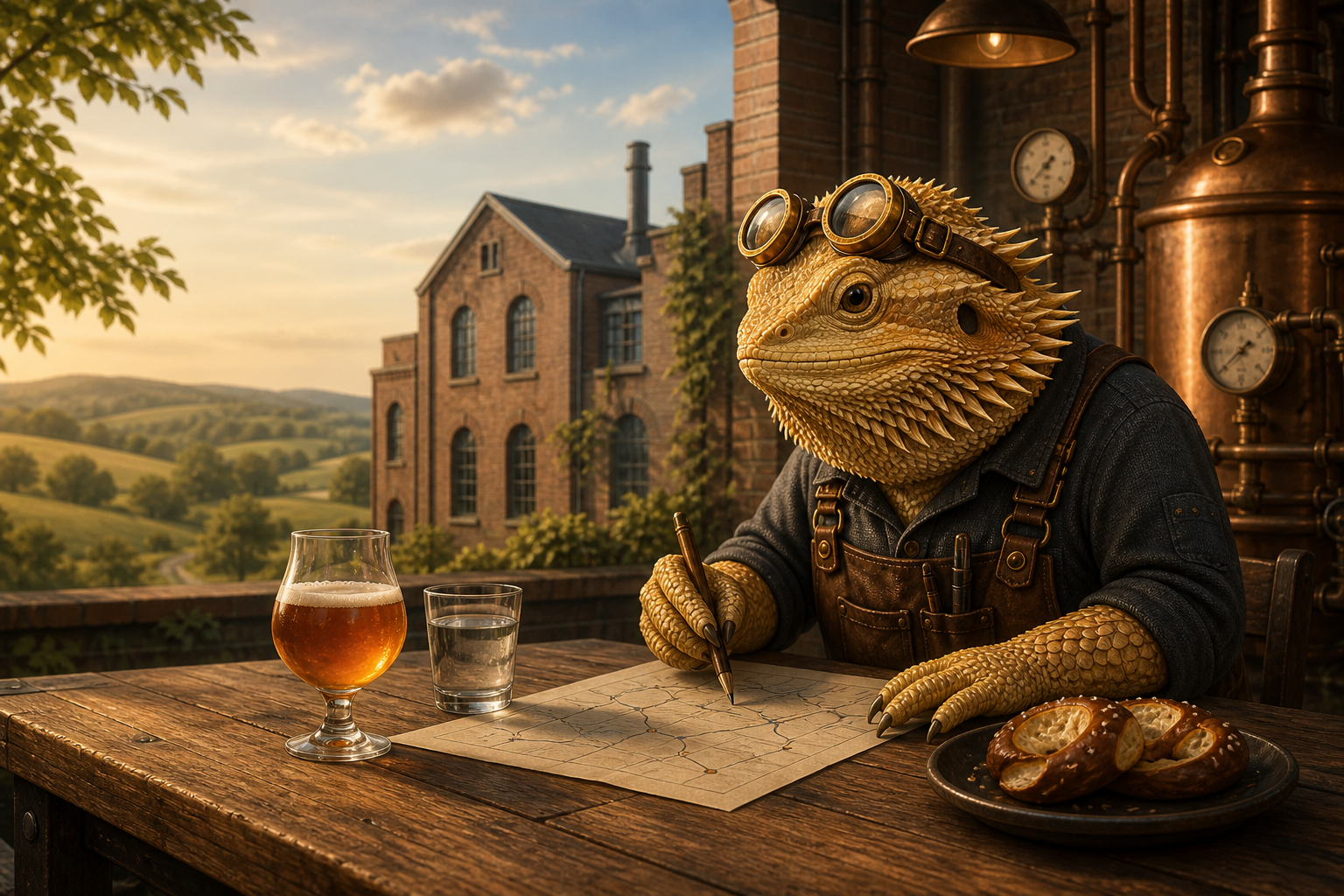 A brass-goggled bearded-dragon Workshop Engineer studies a route map at a wooden table with one amber beer, water, pretzel bread, and a copper brewing workshop behind him.
