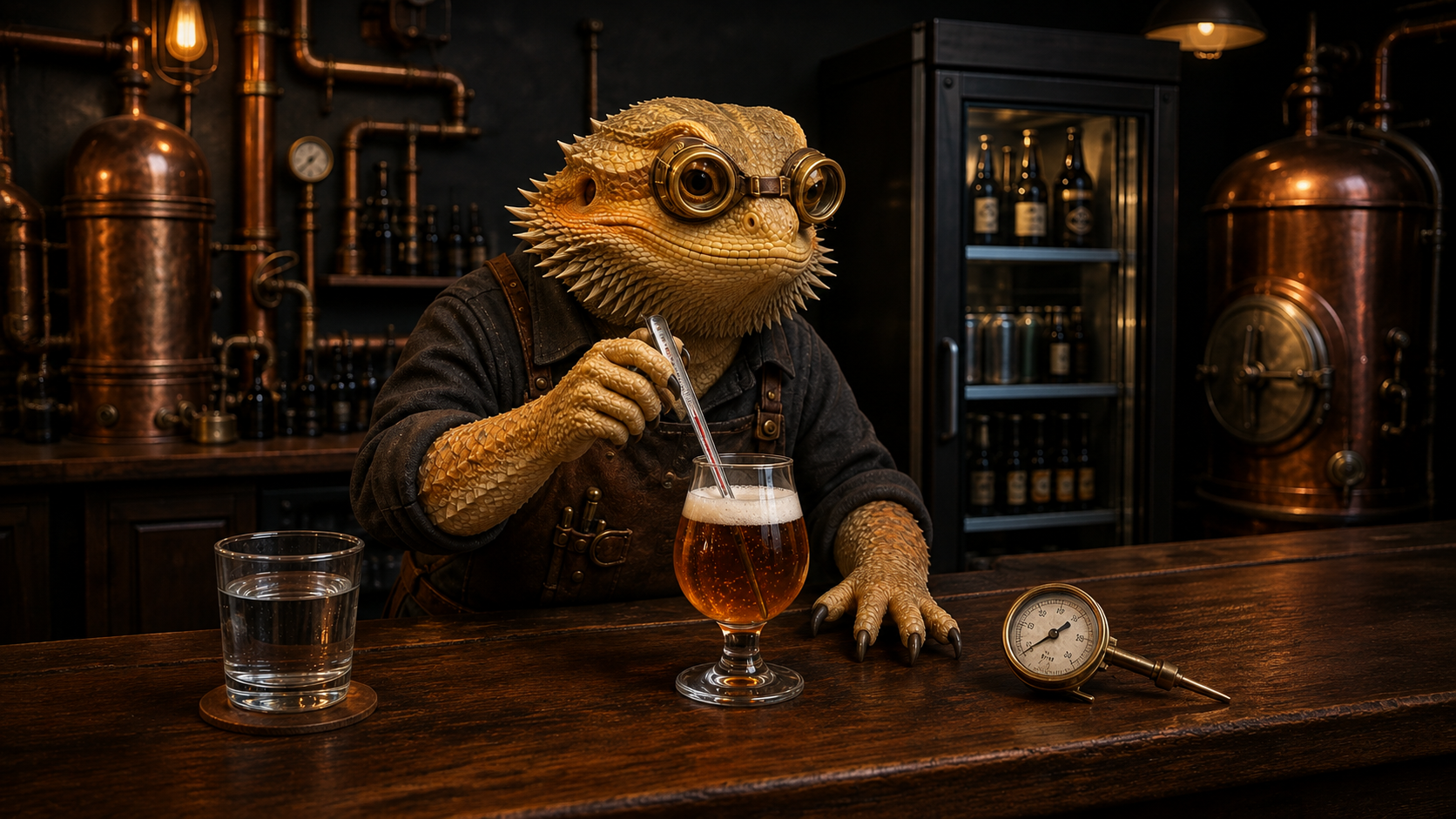 A brass-goggled bearded-dragon Workshop Engineer checks an amber beer with a thermometer beside water and a separate analog dial thermometer in a dark copper workshop.