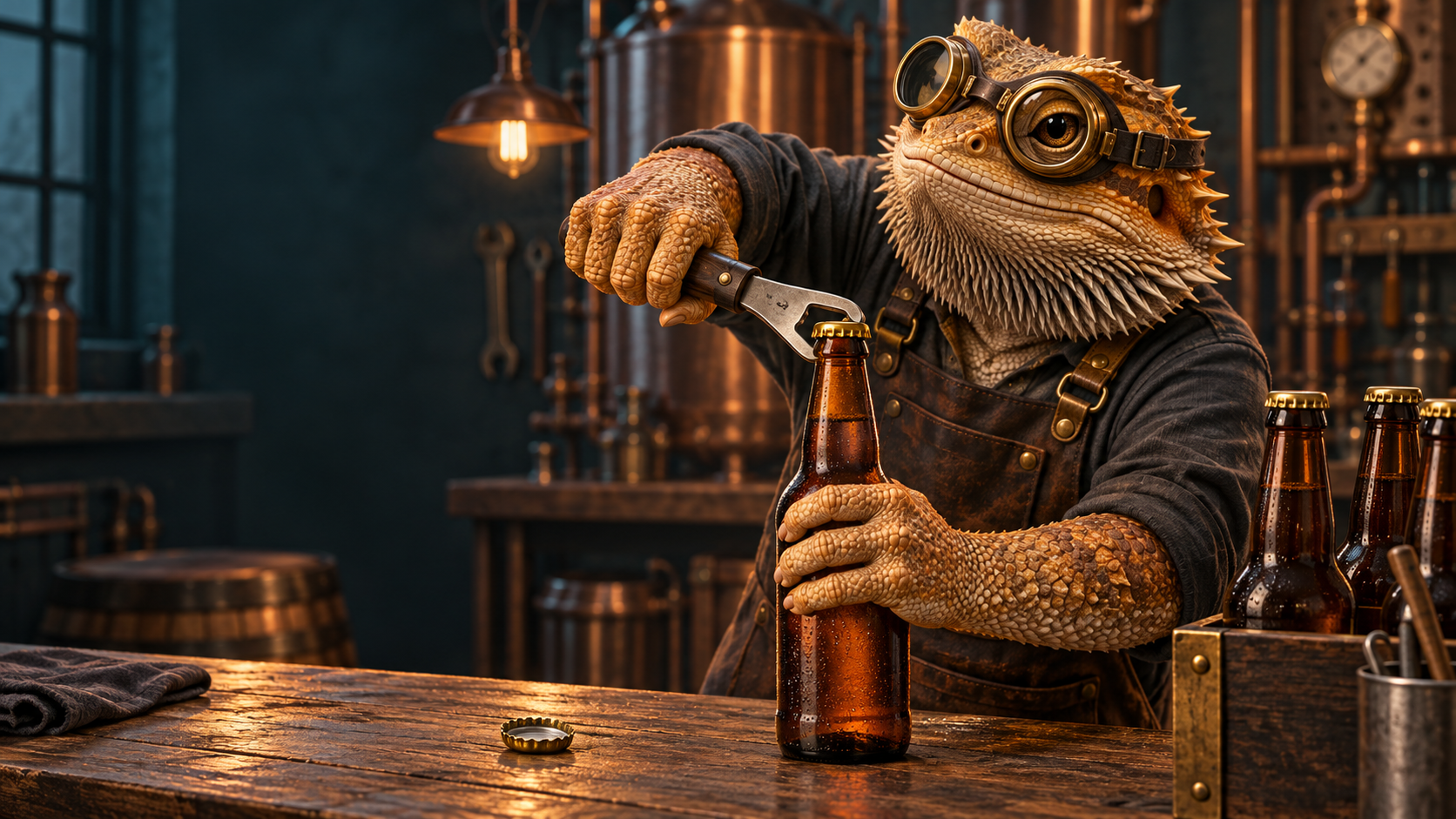 A brass-goggled bearded-dragon Workshop Engineer uses a sturdy manual bottle opener with controlled leverage on an unopened brown beer bottle in a copper-lit workshop.