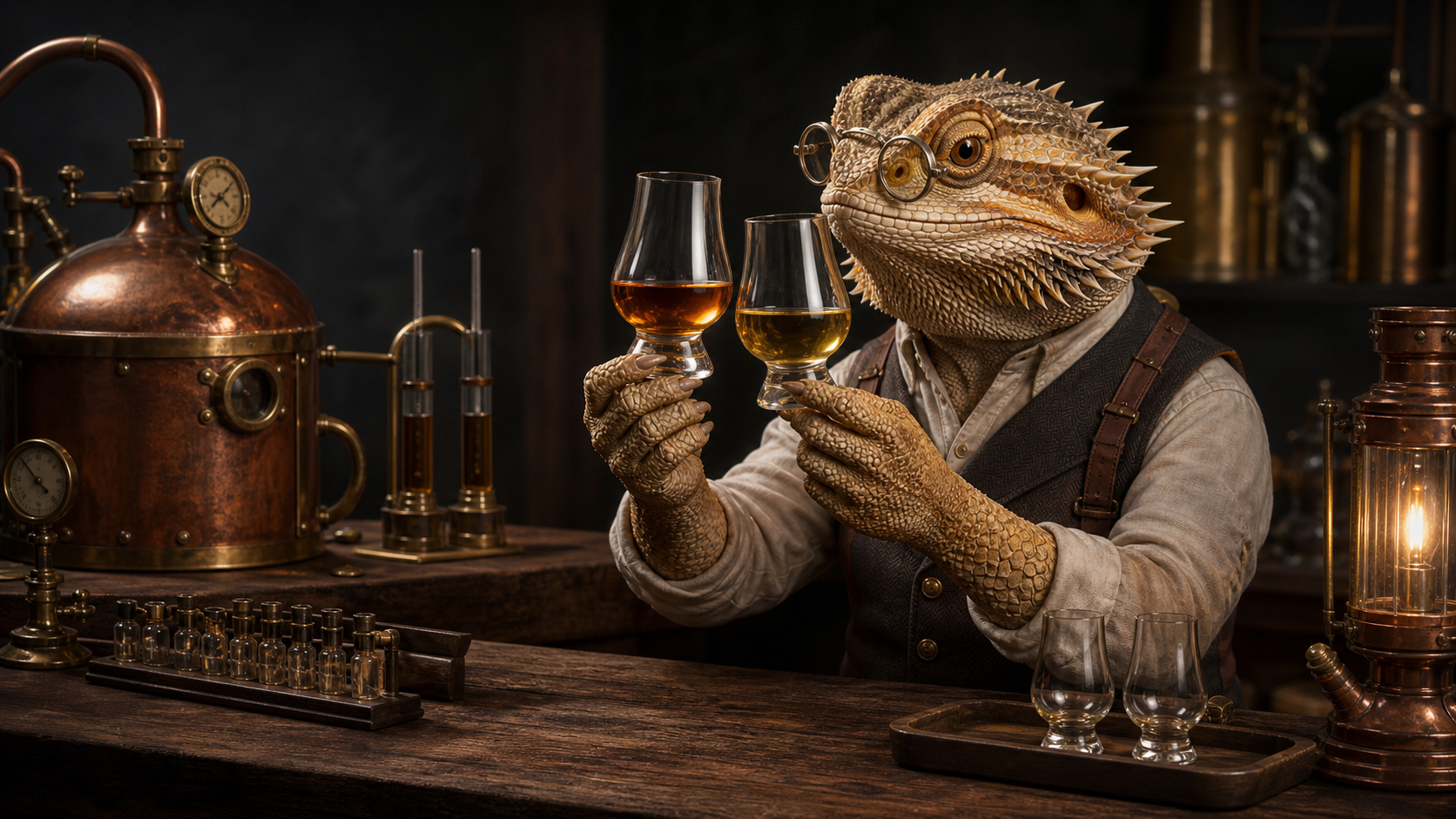 A bearded-dragon engineer in a whiskey workshop compares two amber whiskey tasting glasses.