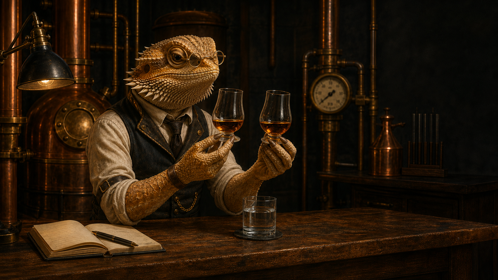 A brass-monocled bearded-dragon Gentleman Mechanist compares two small amber whiskey pours beside water and an open notebook in a dark copper workshop.