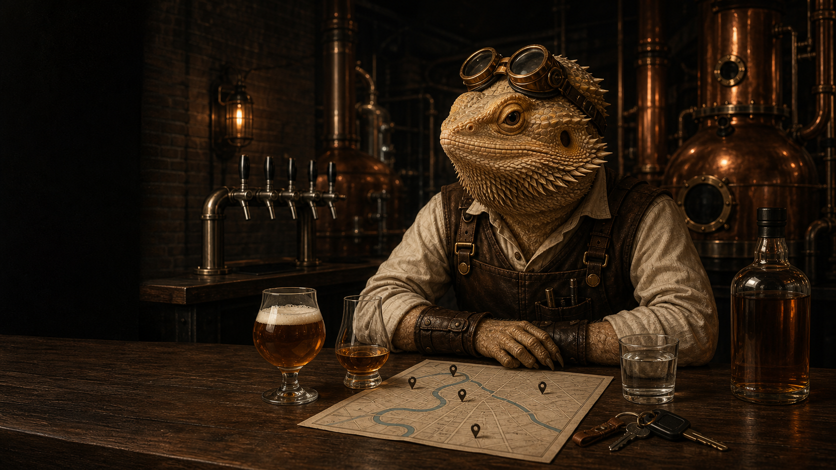 A goggle-wearing bearded-dragon Workshop Engineer plans a modest Dayton beer and whiskey tasting beside water, a map, keys, and copper distilling equipment.