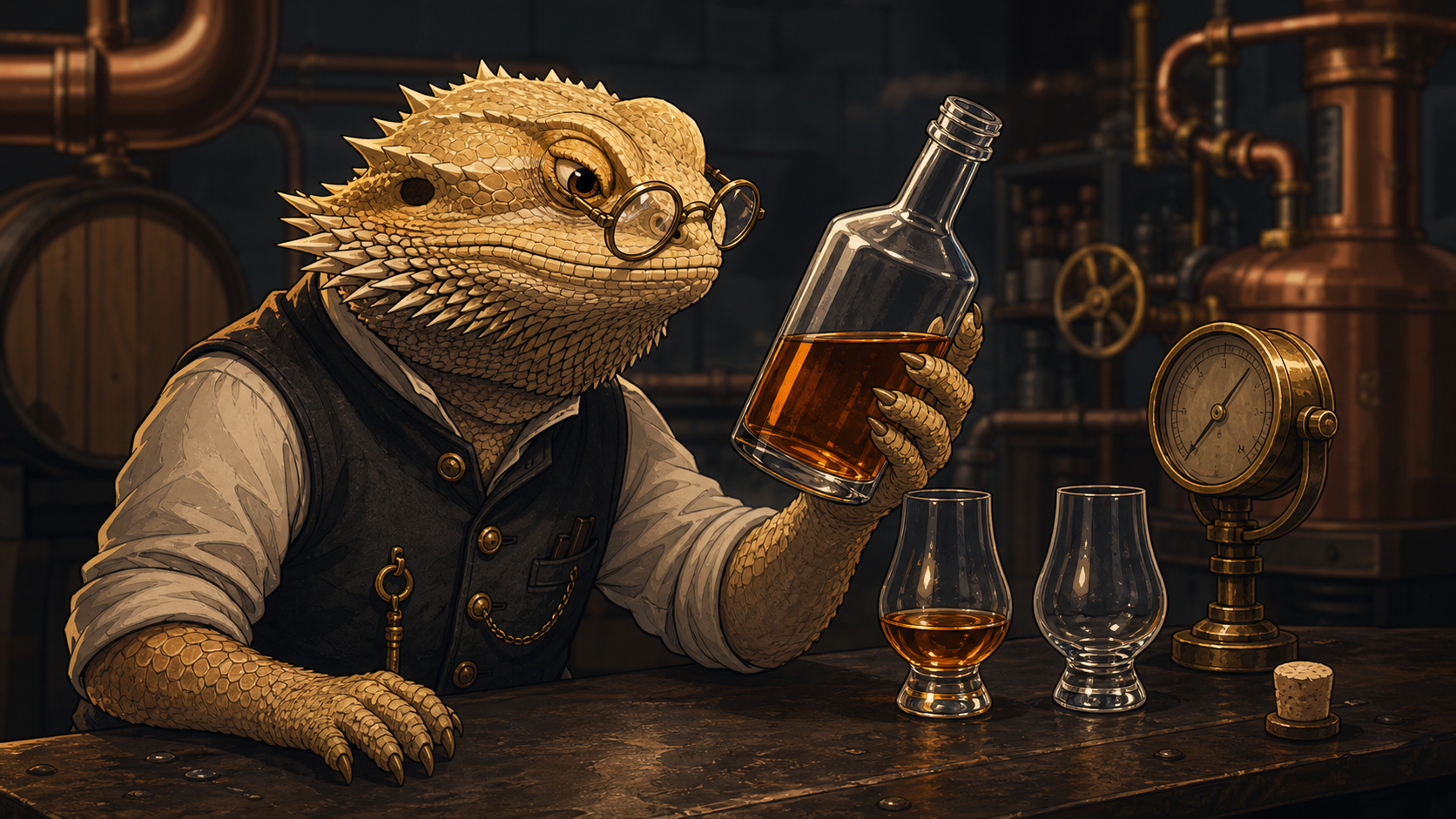 A pince-nez-wearing bearded-dragon Gentleman Mechanist inspects an opened whiskey bottle beside two tasting glasses and a brass workshop gauge.