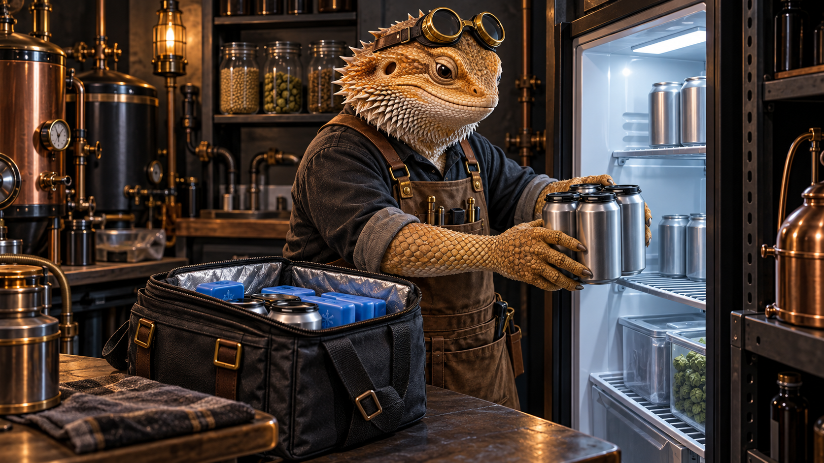 A bearded-dragon engineer with brass goggles transfers unbranded beer cans from an insulated carrier with cold packs into a workshop refrigerator.