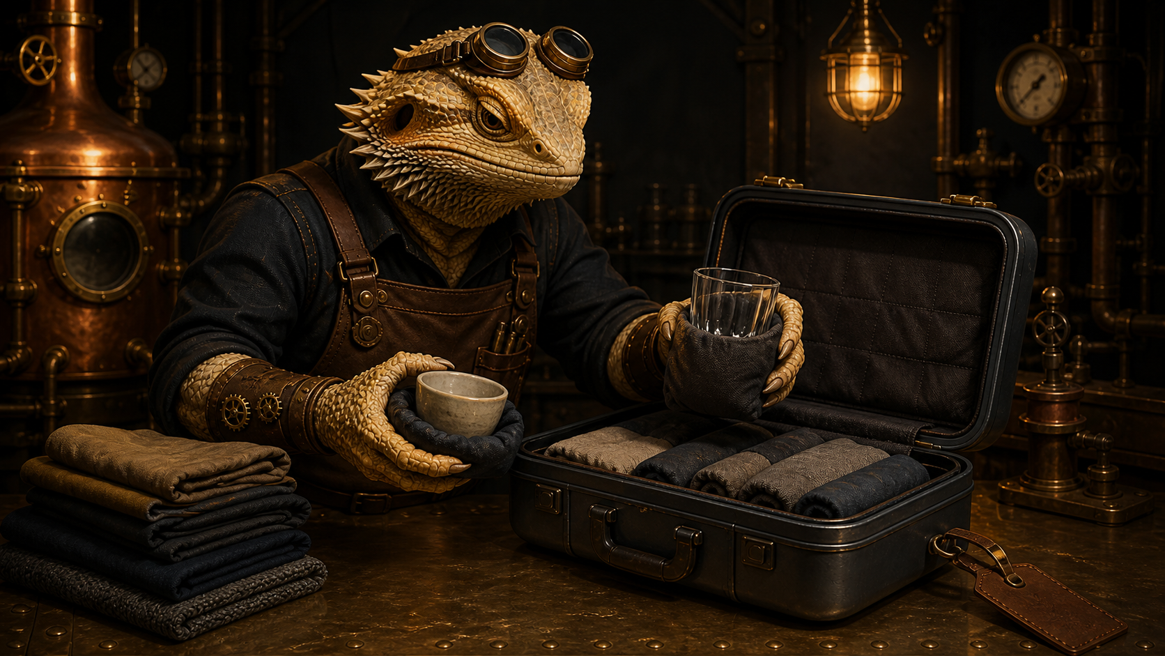 A bearded-dragon Workshop Engineer packs a ceramic cup and clear glass into padded sleeves in an open hard-shell suitcase.