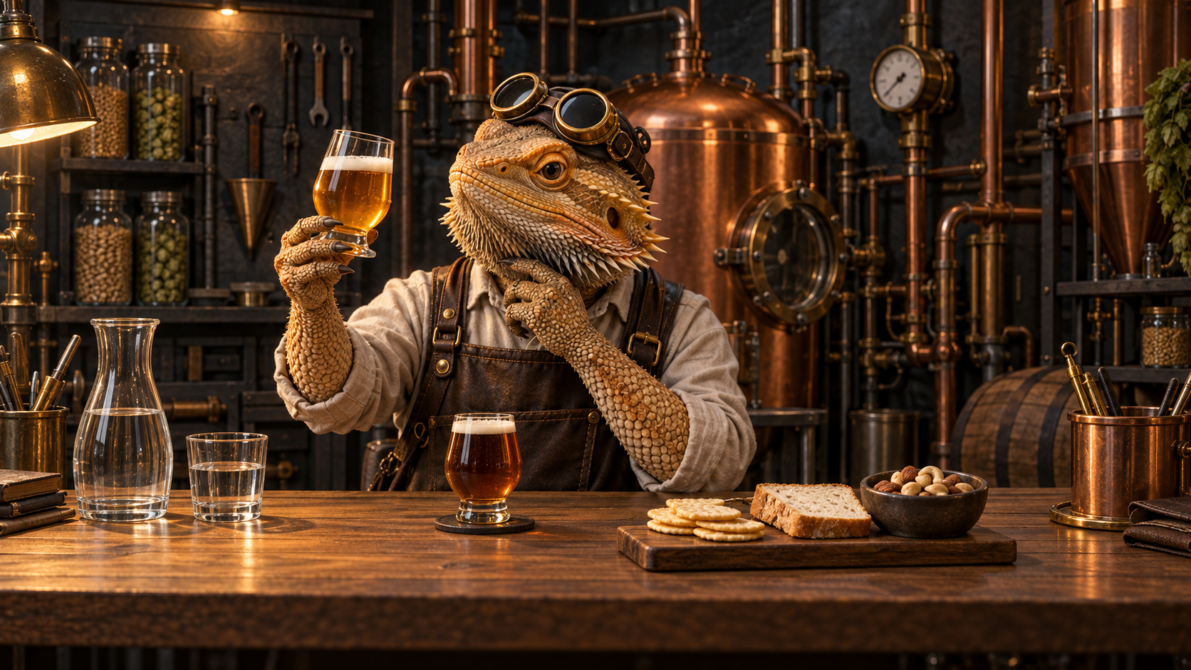 A bearded-dragon engineer in brass goggles compares two small beers at a workshop bench with water, plain crackers, bread, and a small bowl of nuts.