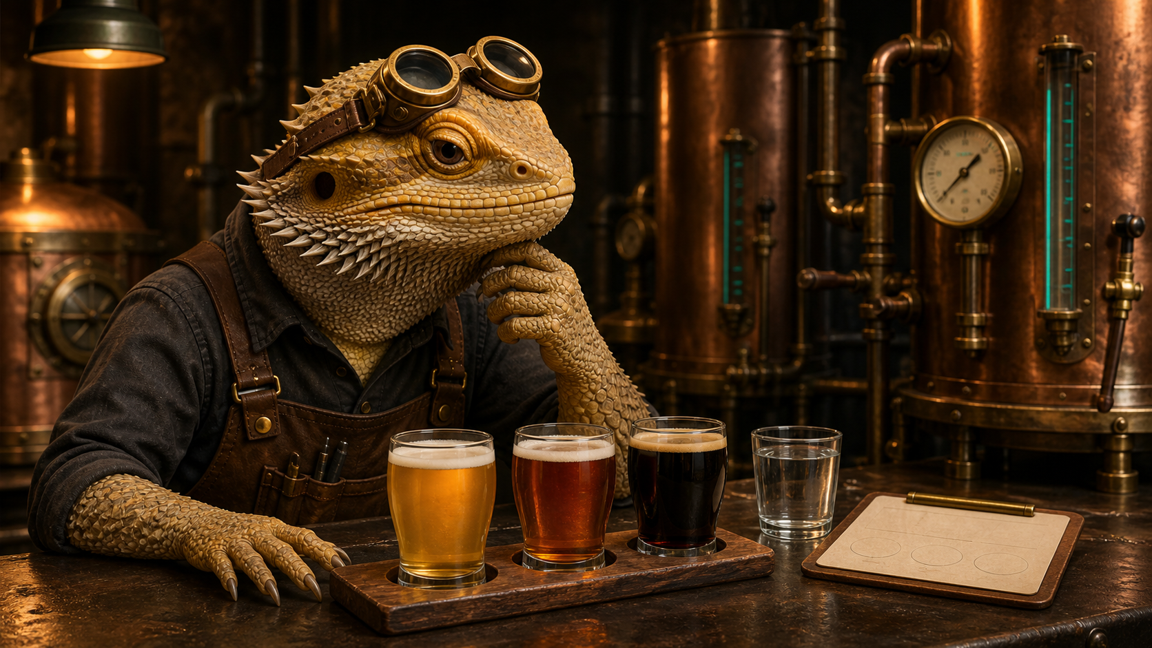 A brass-goggled bearded-dragon Workshop Engineer considers three small beers arranged from pale to dark beside water and a simple tasting card in a copper-lit fermentation workshop.