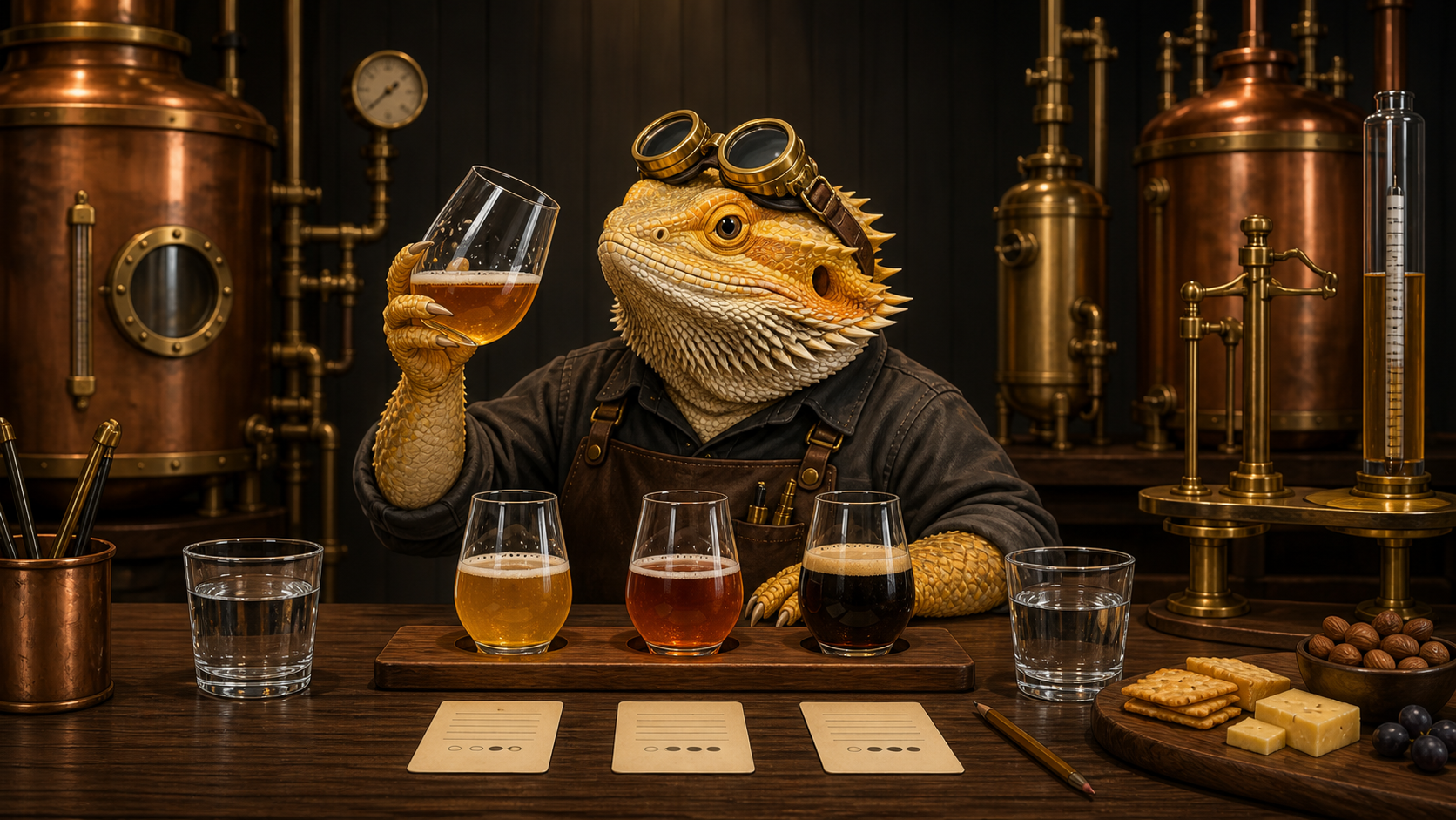 A bearded-dragon Workshop Engineer with brass goggles raised on his forehead compares three modest beer tasting pours beside water, tasting cards, and a small snack board in a copper-lit workshop.