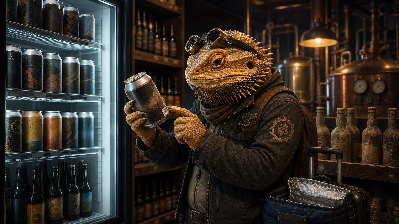 A bearded-dragon Workshop Engineer wearing brass goggles examines a canned beer's package panel beside a refrigerated bottle-shop display and a compact travel cooler.