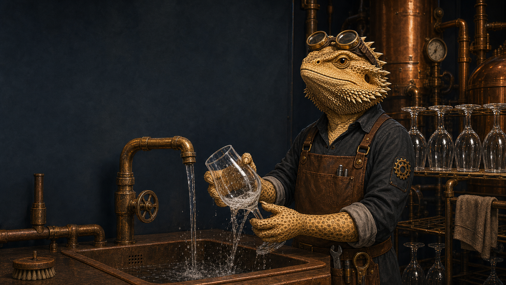 A goggle-wearing bearded-dragon Workshop Engineer rinses a clean tulip beer glass beside a brass drying rack in a copper-lit workshop.