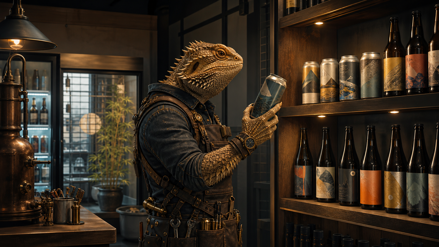 Illustrative bearded-dragon Workshop Engineer compares a single craft-beer can against a thoughtfully stocked bottle-shop wall.