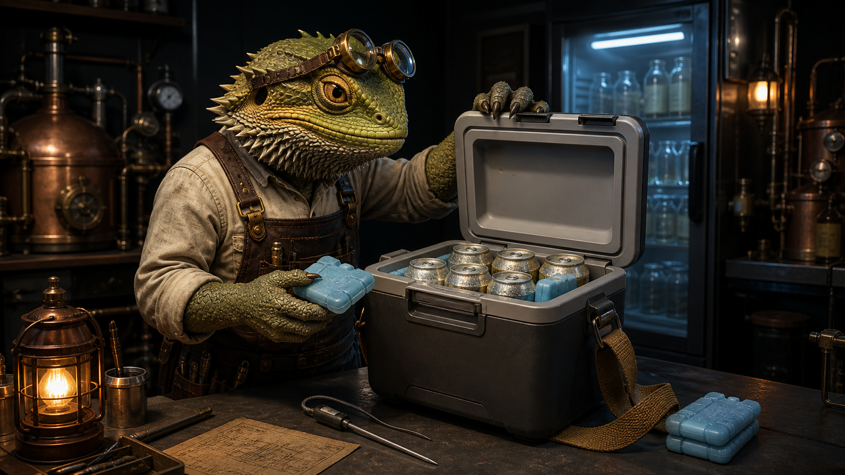 A bearded-dragon Workshop Engineer wearing brass goggles packs canned beer and reusable ice packs into a compact hard-sided cooler on a workshop bench.