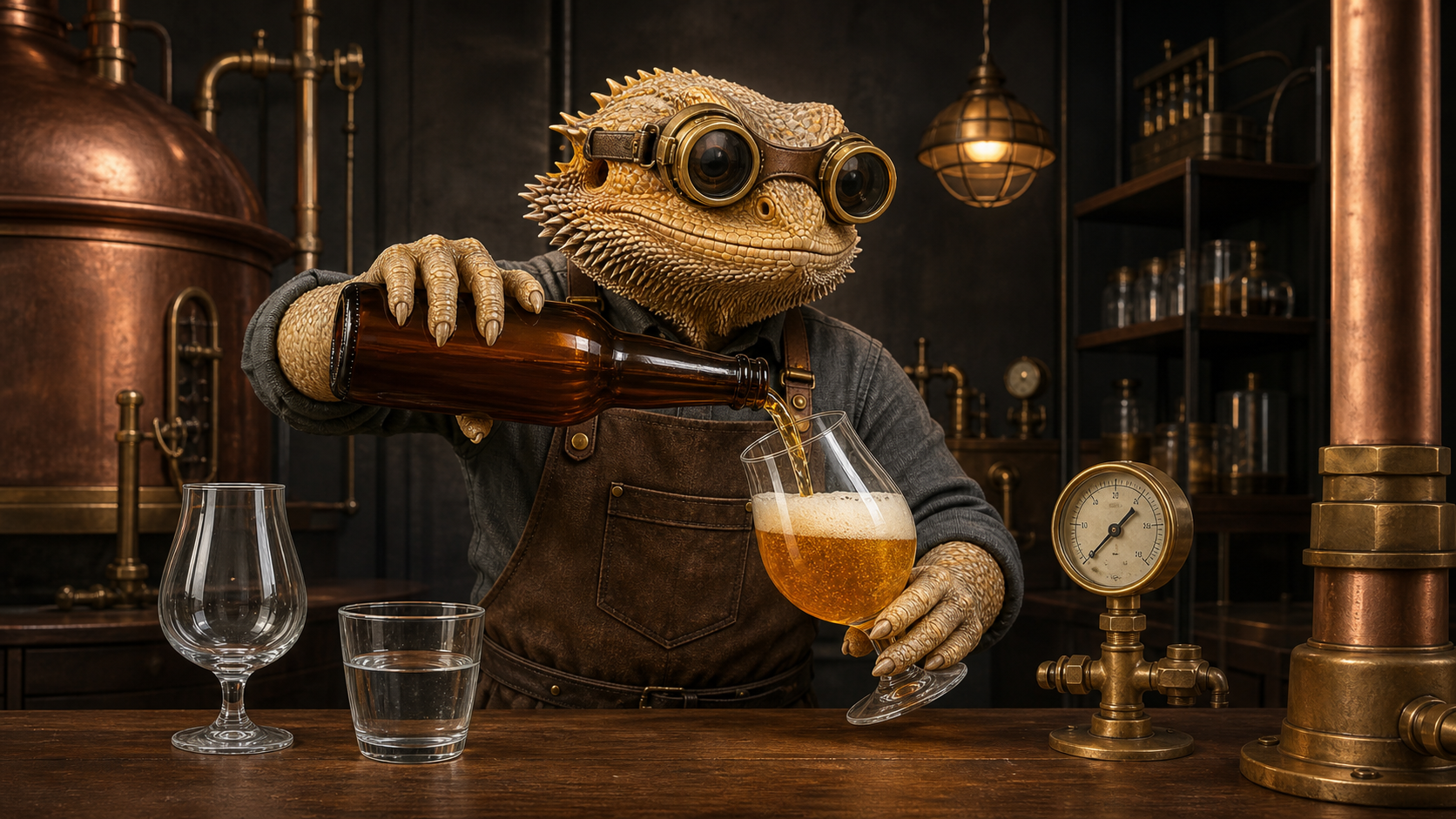 A bearded-dragon Workshop Engineer wearing brass goggles pours amber beer into a tilted tulip glass beside a clean empty glass, water, and a brass gauge in a copper-lit workshop.