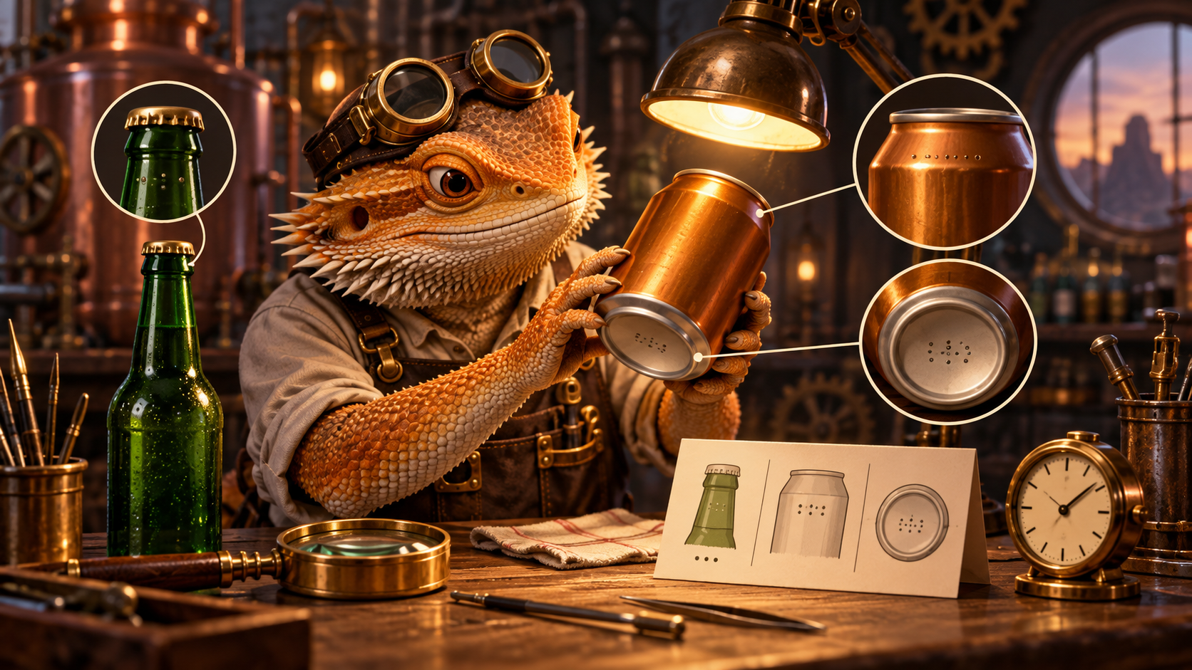 A brass-goggled bearded-dragon Workshop Engineer examines date marks on a beer can, with bottle-neck and can-base details enlarged beside the workbench.