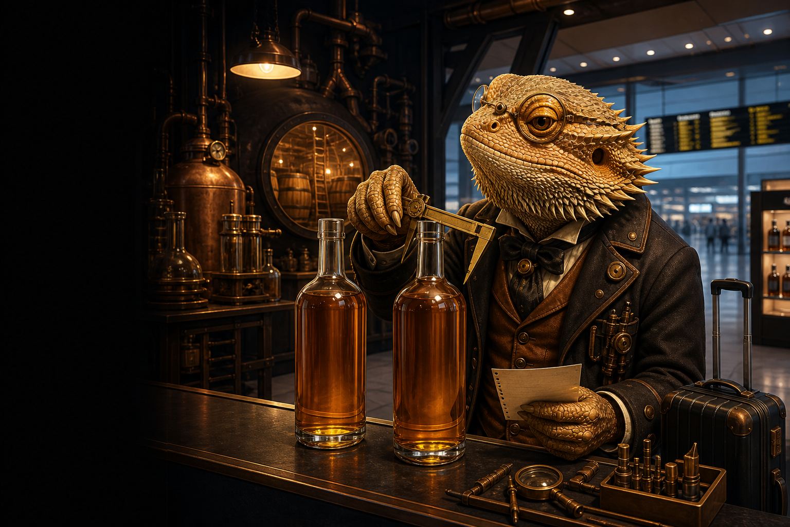 A bearded-dragon Gentleman Mechanist compares two unbranded whisky bottles with a brass caliper at a dark airport duty-free counter.