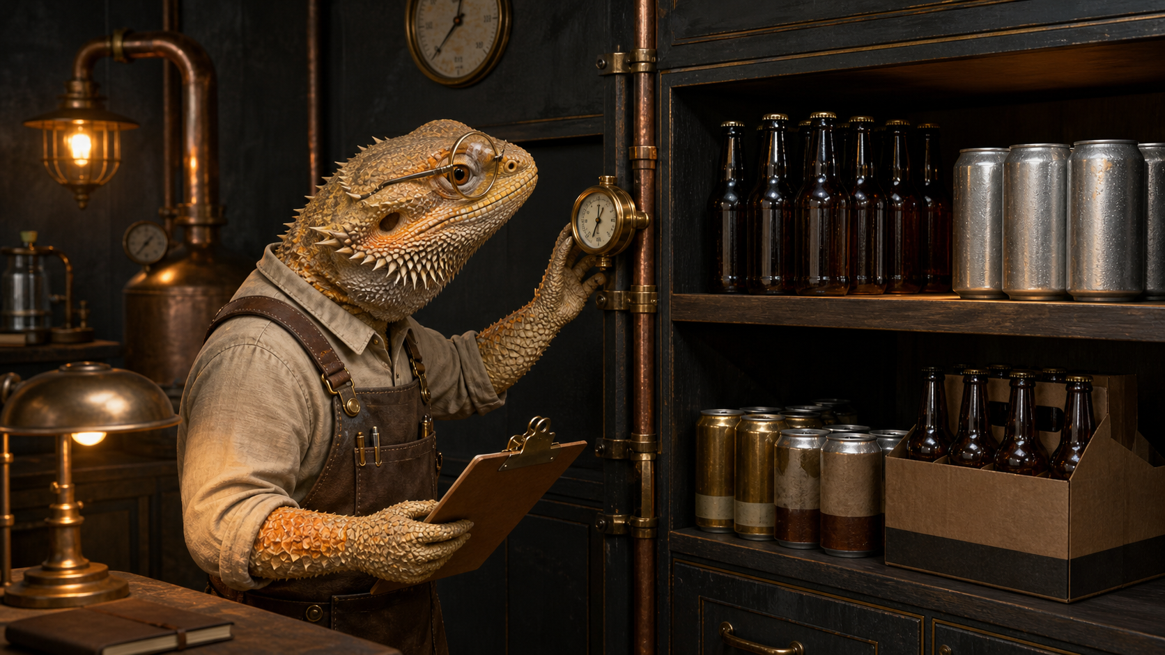 A bespectacled bearded-dragon workshop engineer checks a brass temperature gauge beside a dark beer-storage cabinet stocked with cans and bottles.