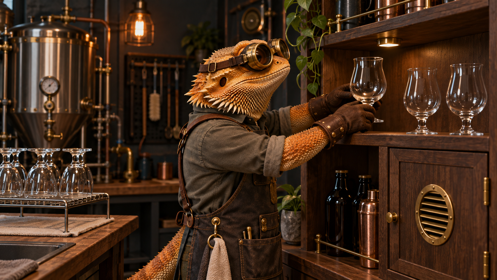 A goggle-wearing bearded-dragon Workshop Engineer places a clean, dry tulip beer glass on an open wooden shelf beside other spaced glassware in a warm, organized workshop.