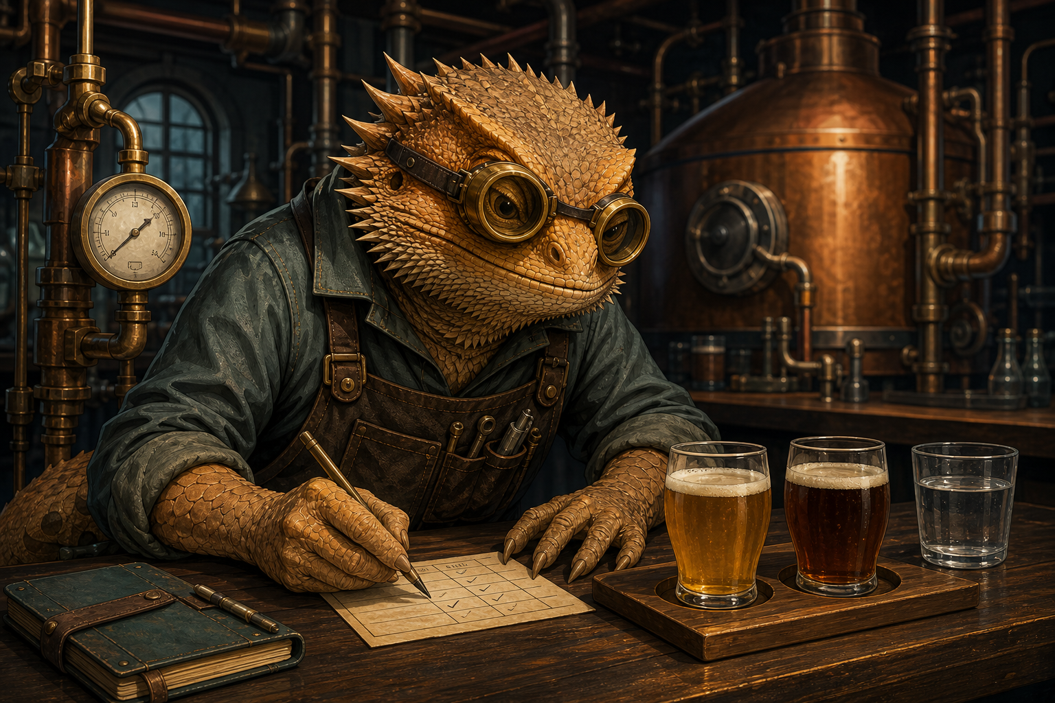 A brass-goggled bearded-dragon Workshop Engineer writes a few notes beside two small beer pours, water, and a simple comparison card in a charcoal-and-copper fermentation workshop.