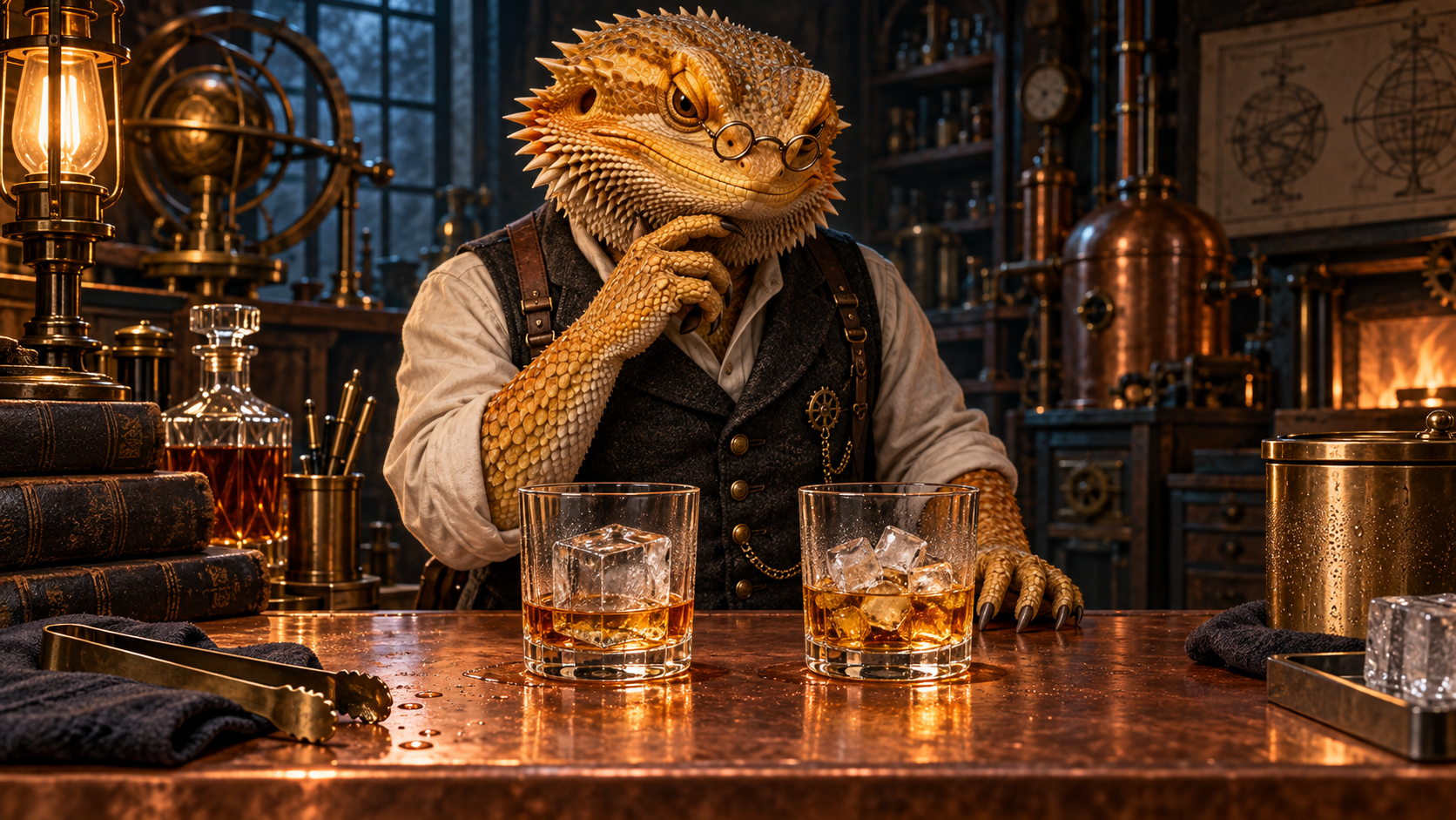 A brass-pince-nez-wearing bearded-dragon Gentleman Mechanist compares a large ice cube with several small cubes in two modest whiskey pours.