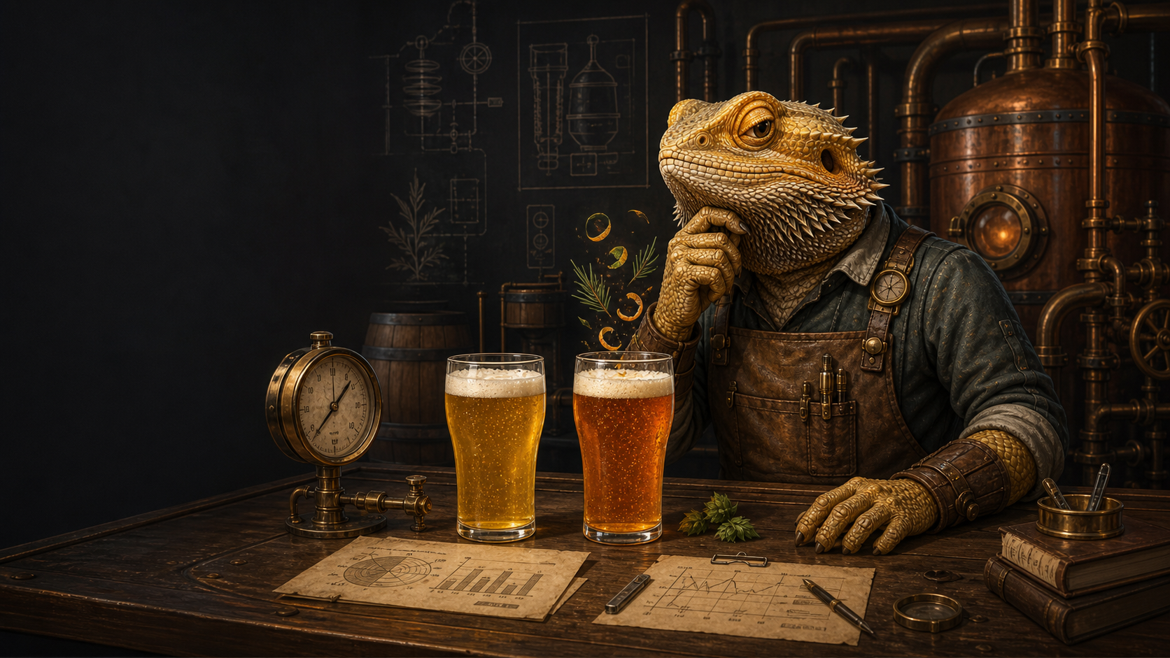 A bearded-dragon workshop engineer compares a pale ale and an IPA at a brass instrumented tasting bench.