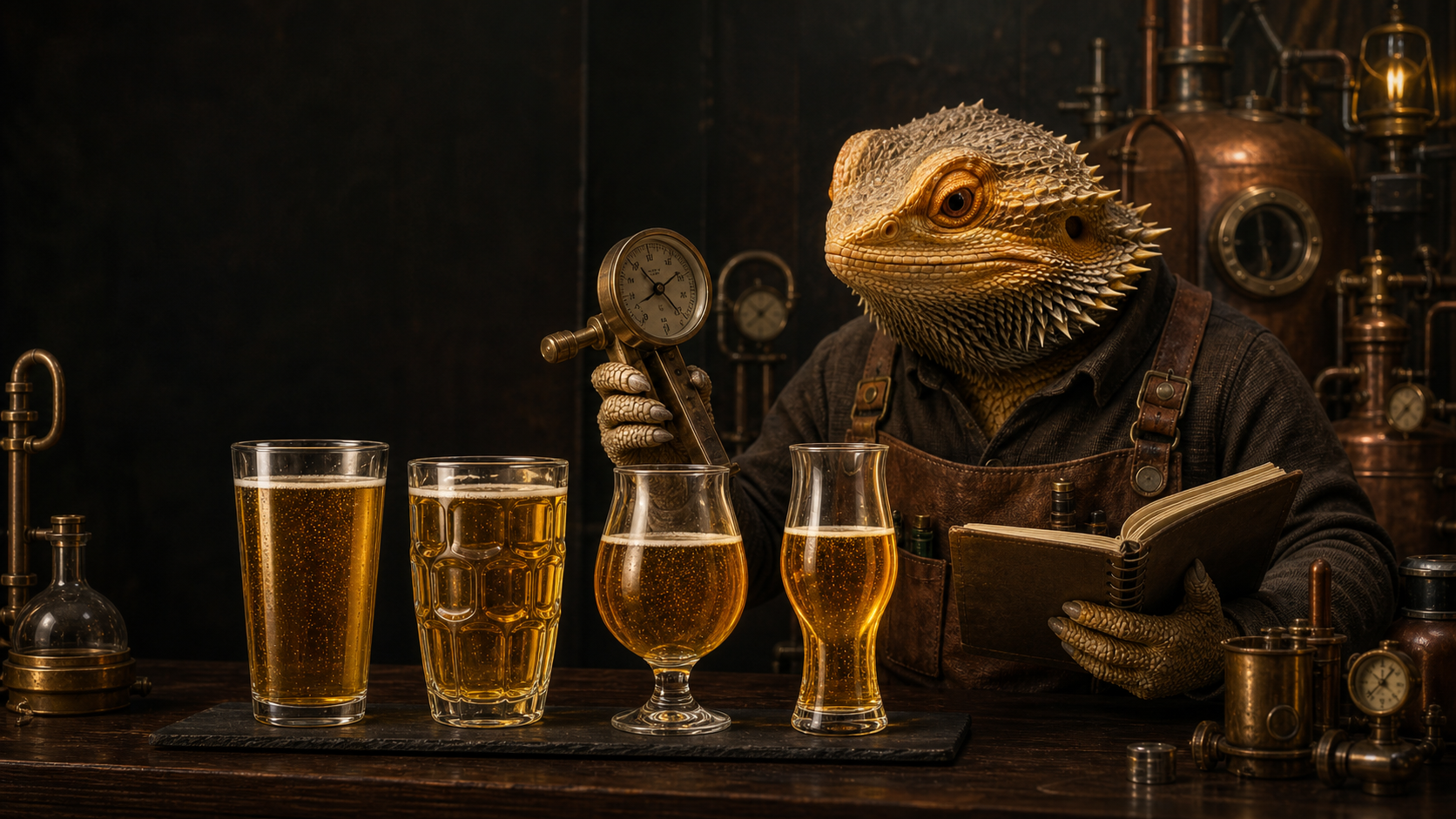 A bearded-dragon workshop engineer compares four glasses of IPA with a brass gauge at a dark tasting bench.