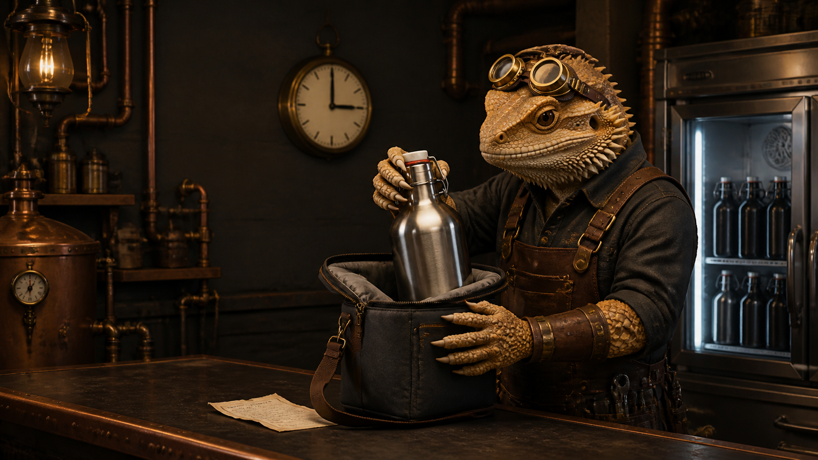 A brass-goggled bearded-dragon Workshop Engineer checks the closure on a stainless-steel growler before packing it in an insulated carrier beside a refrigerator in a charcoal-and-copper workshop.
