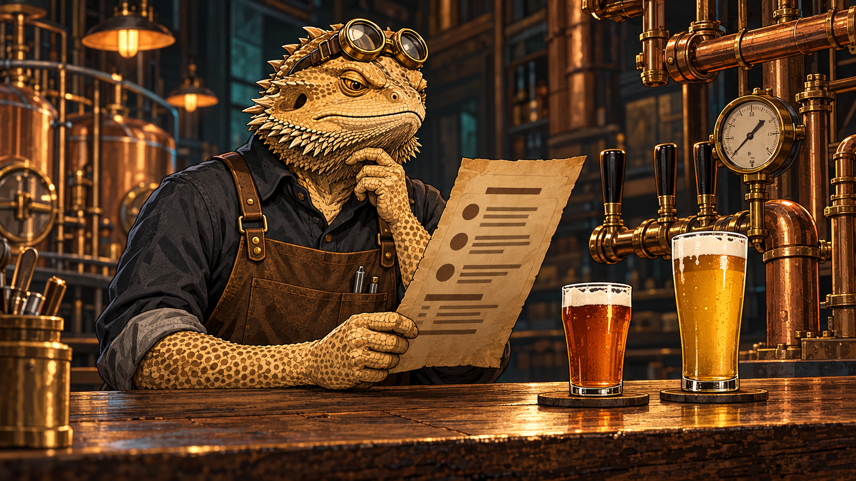 A brass-goggled bearded-dragon Workshop Engineer reads a parchment beer menu beside a small amber pour and a taller pale beer glass.