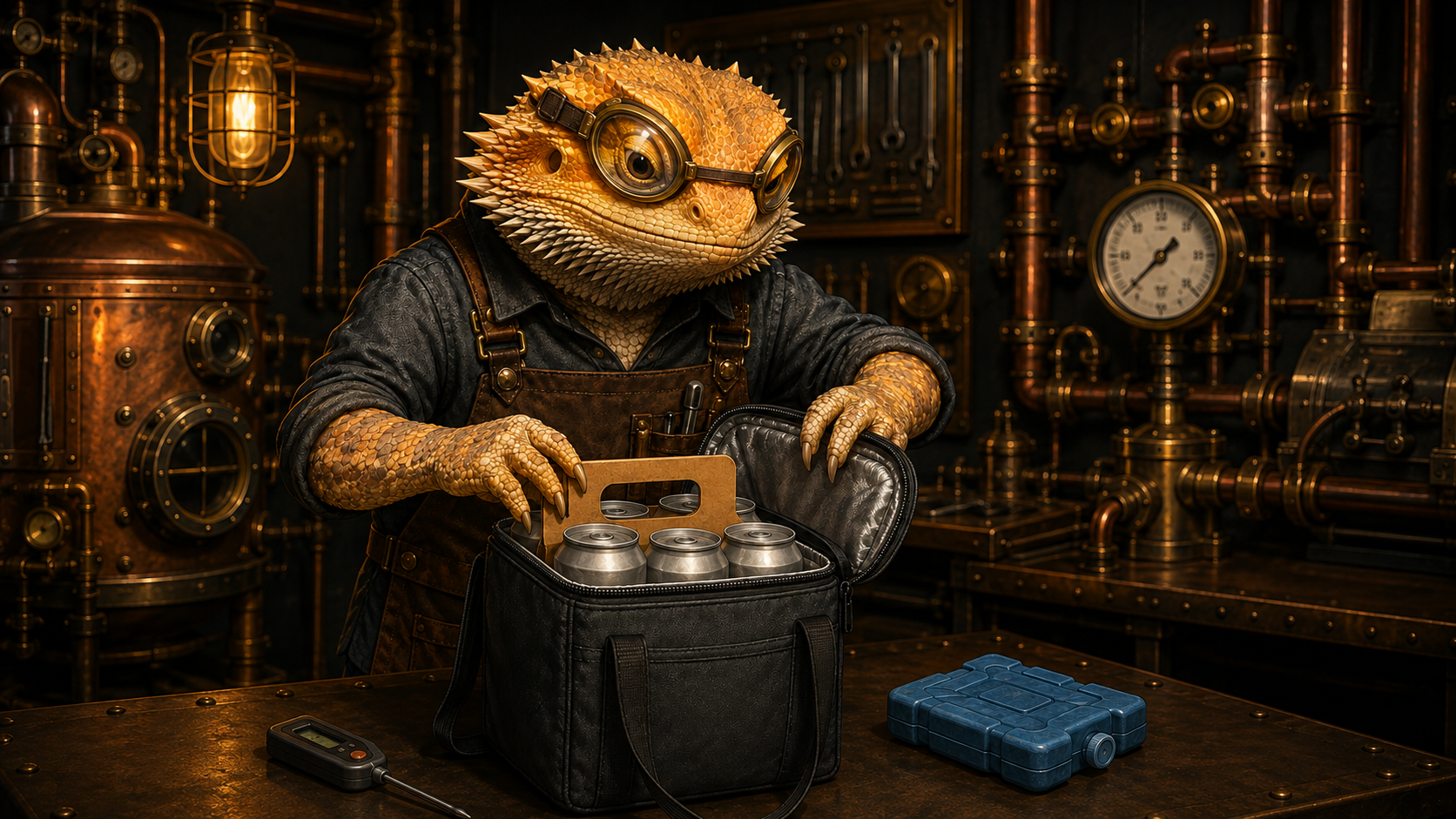 A brass-goggled bearded-dragon Workshop Engineer secures a small cardboard beer carrier with canned beer beside an insulated tote in a warm copper workshop.