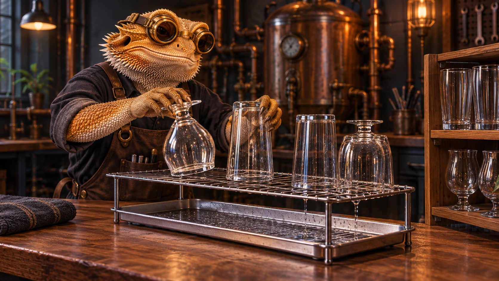 A goggle-wearing bearded-dragon Workshop Engineer places clean beer glasses on a raised draining rack above a drip tray in a copper-lit workshop.