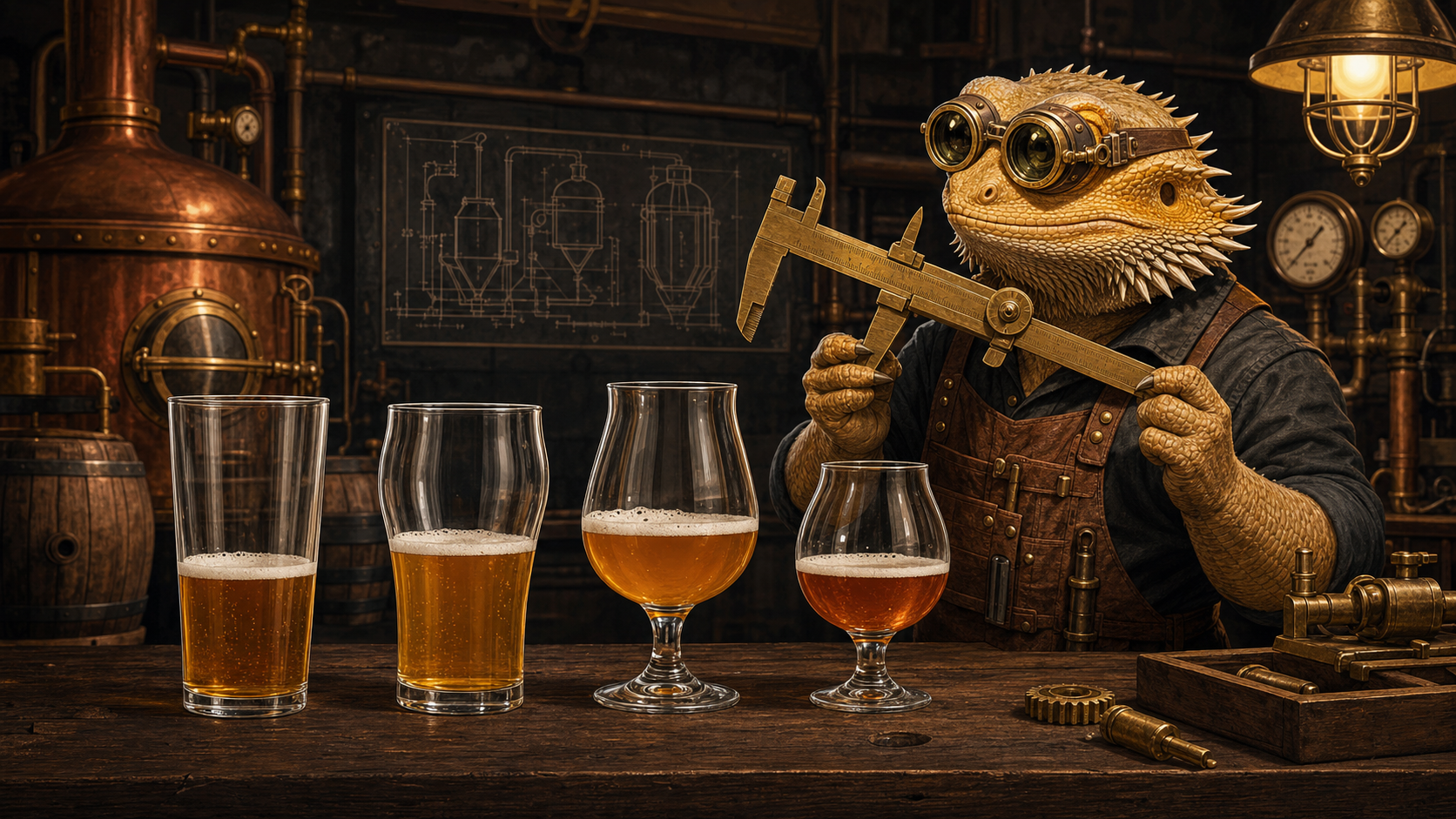 A goggle-wearing bearded-dragon Workshop Engineer compares four practical beer-glass shapes with a brass caliper in a copper-lit fermentation workshop.