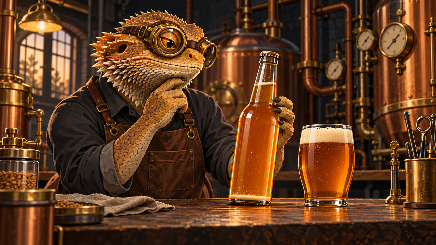 A bearded-dragon Workshop Engineer wearing brass goggles examines an amber beer bottle with sediment at its base beside a poured glass on a workshop bench.