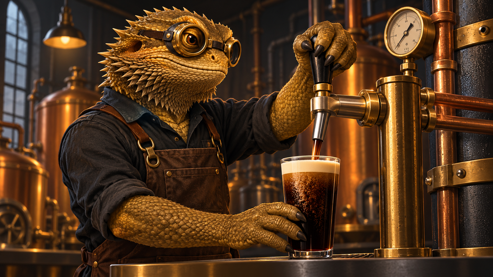 A bearded-dragon Workshop Engineer wearing brass goggles operates a metal nitro tap, pouring dark beer with a creamy head beside a brass pressure gauge.