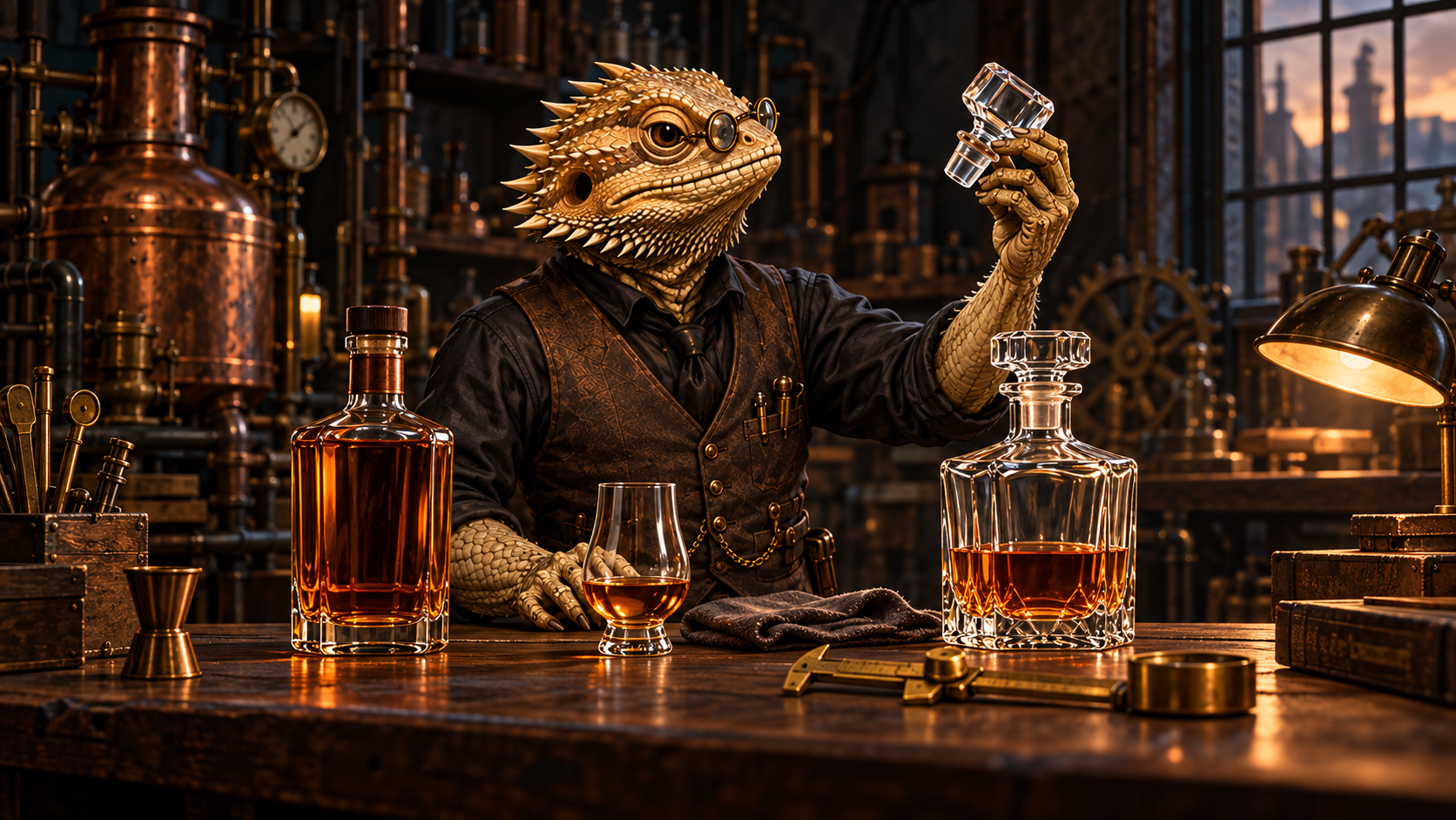 A brass-pince-nez-wearing bearded-dragon Gentleman Mechanist compares a stoppered glass decanter with an original whiskey bottle and a modest tasting pour.