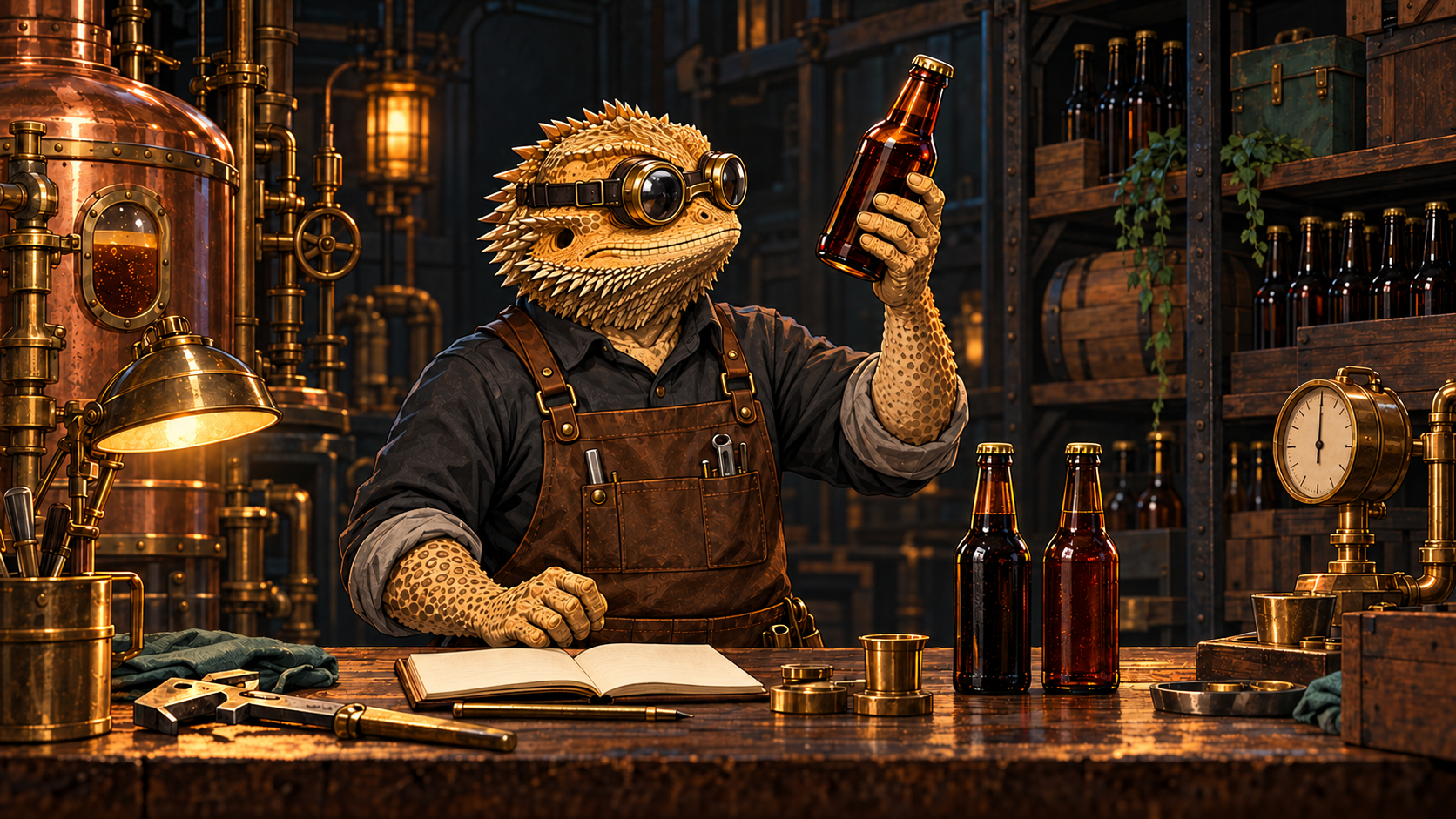 A bearded-dragon workshop engineer wearing brass goggles examines an intact capped beer bottle beside two sealed candidates and a notebook.