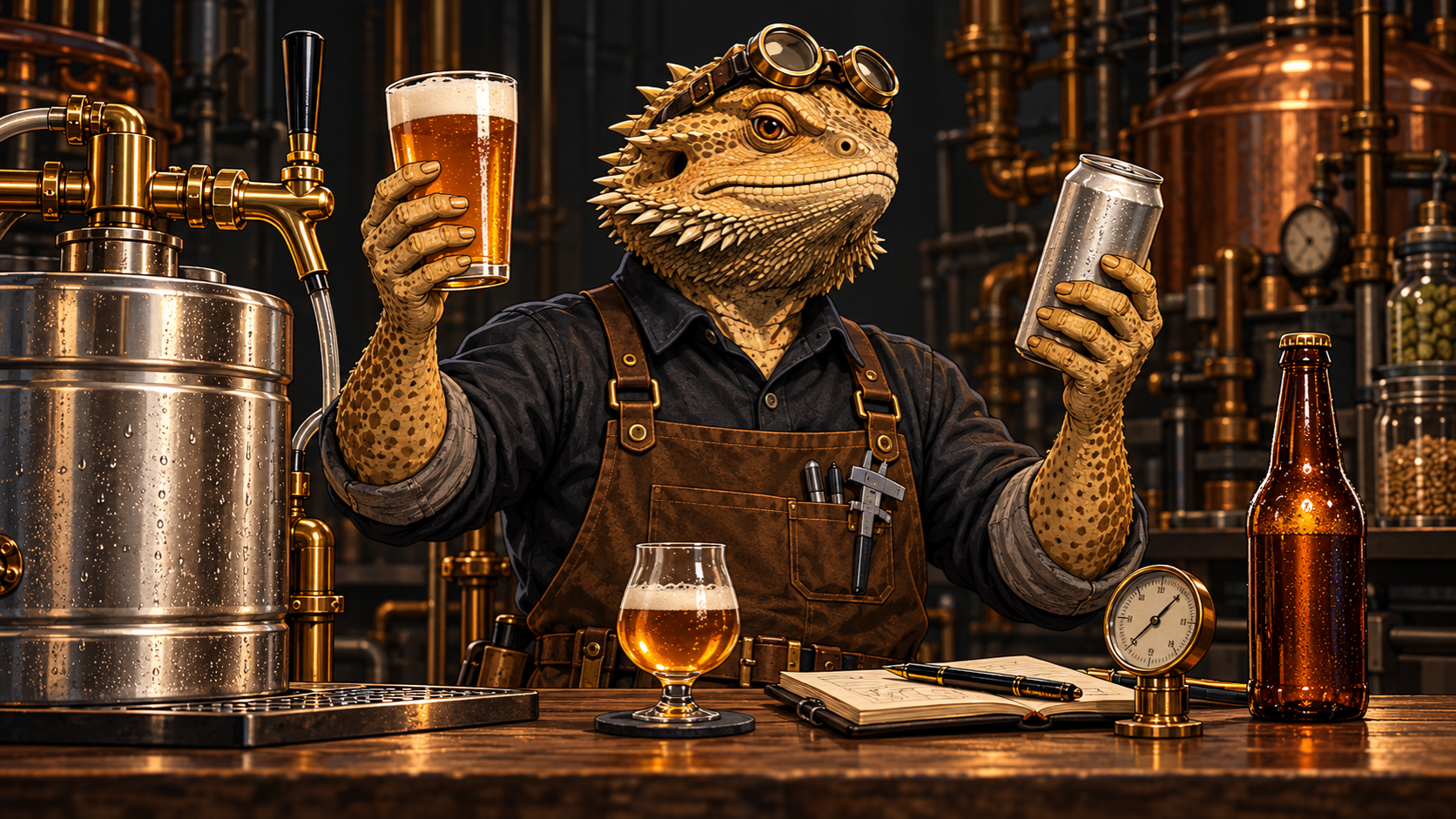 A brass-goggled bearded-dragon Workshop Engineer compares a draft beer with an unbranded can beside a keg, capped bottle, notebook, and tasting glass.