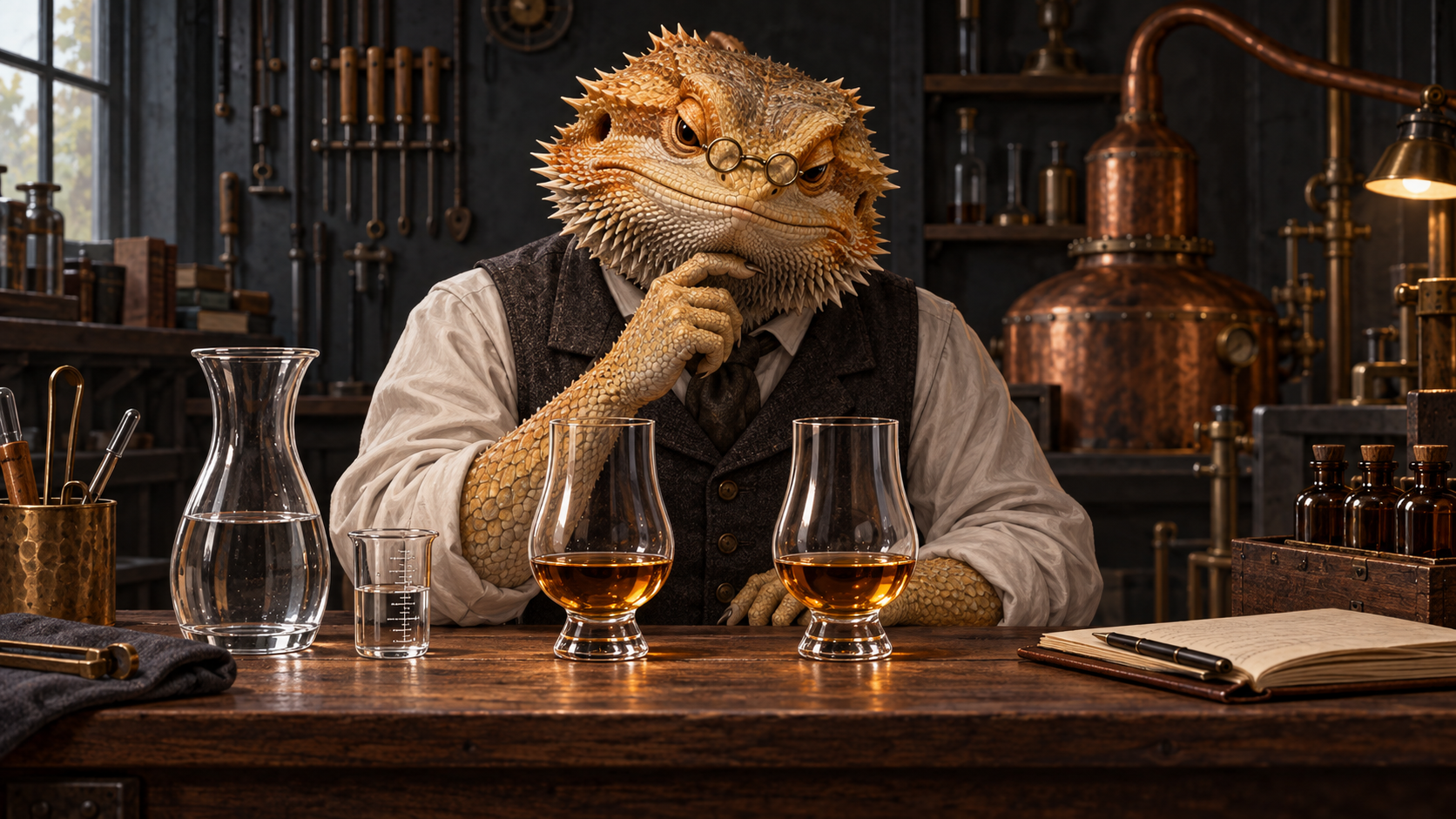 A bearded-dragon mechanist in brass pince-nez compares two small whiskey pours beside a water carafe and graduated measure.