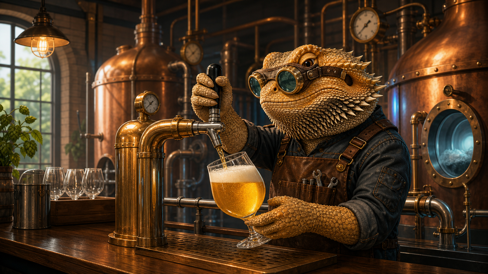 A goggle-wearing bearded-dragon Workshop Engineer pours a fresh pale beer from a polished draft tap into a clean tulip glass in a copper-lit brewery workshop.